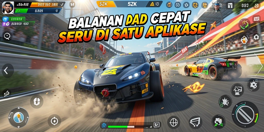 Gameplay seru di 5ZK dengan mobil balap cepat.