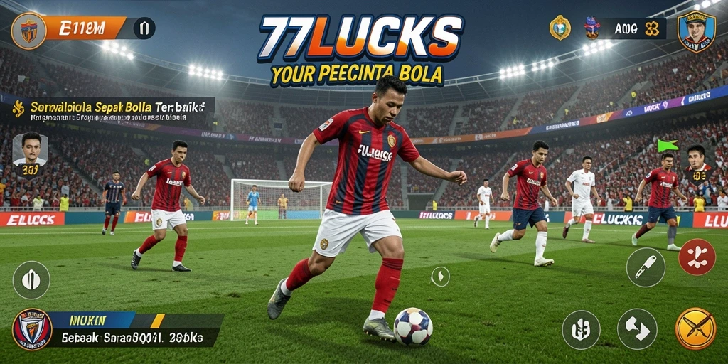 Screenshot gameplay <strong>77LUCKS</strong> menunjukkan aksi megah di lapangan sepak bola.