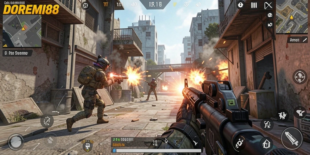 Screenshot DOREMI88 menunjukkan aksi menegangkan dalam pertempuran FPS.