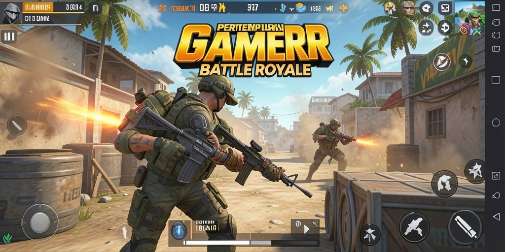Screenshot GAMERP menunjukkan aksi seru di medan perang Battle Royale.