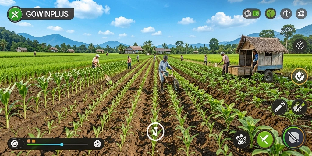 Tampilan gameplay seru dari GOWINPLUS yang menampilkan ladang pertanian yang berwarna-warni.