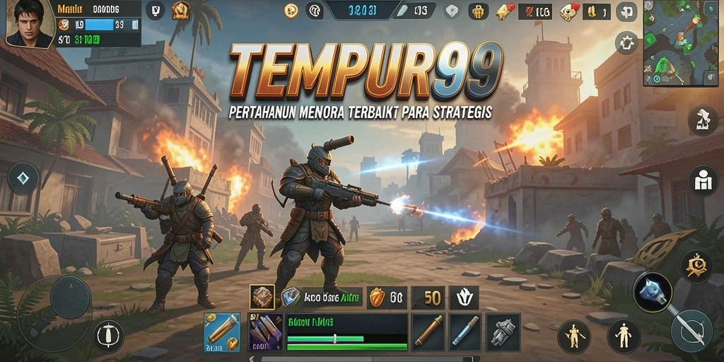 Screenshot menunjukkan pertempuran seru dengan menara aktif dan musuh mendekat.