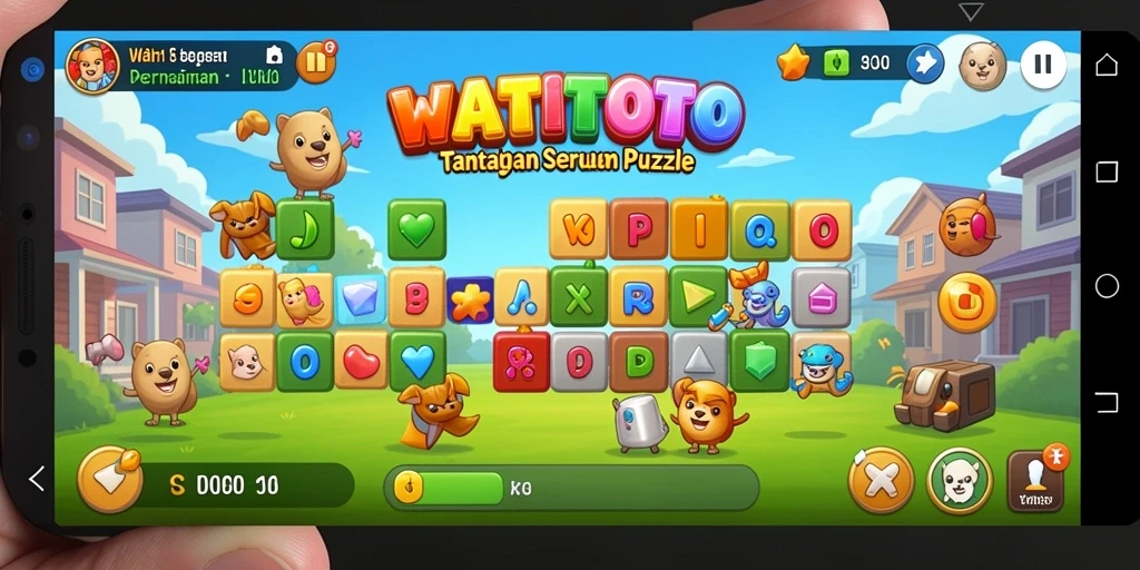 Screenshot utama WATITOTO menunjukkan gameplay puzzle yang menarik.