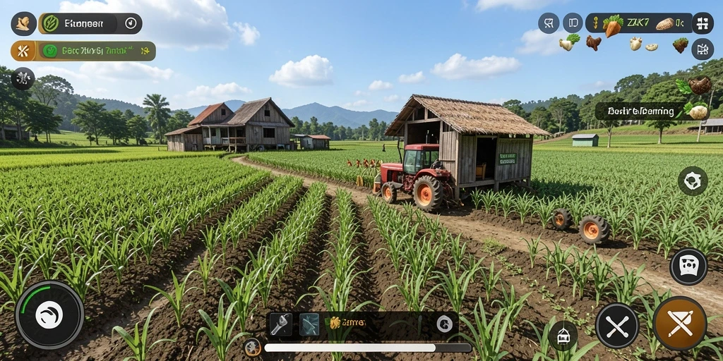 Tampilan gameplay ZK7 dengan berbagai aktivitas pertanian yang seru.