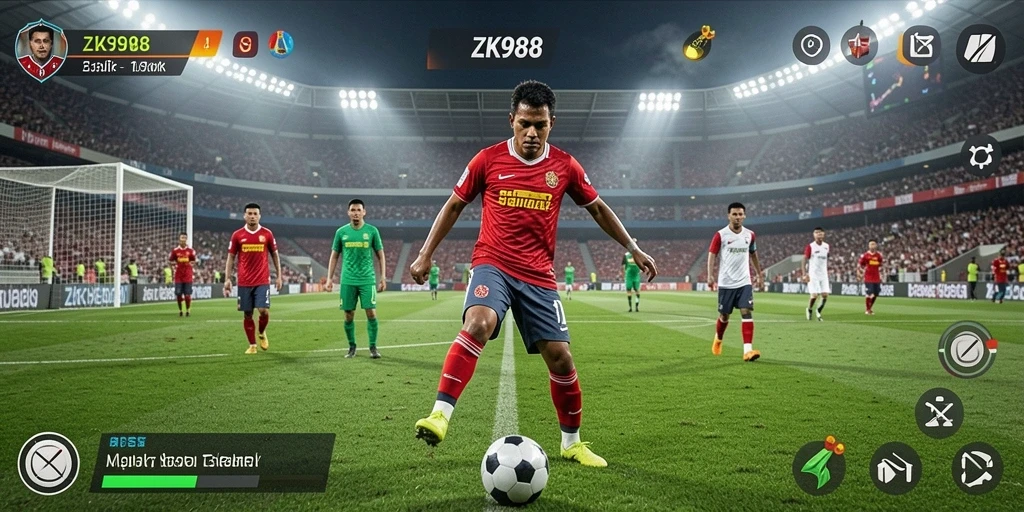 Tampilan gameplay ZK988 yang seru dan mendebarkan dalam pertandingan sepak bola.